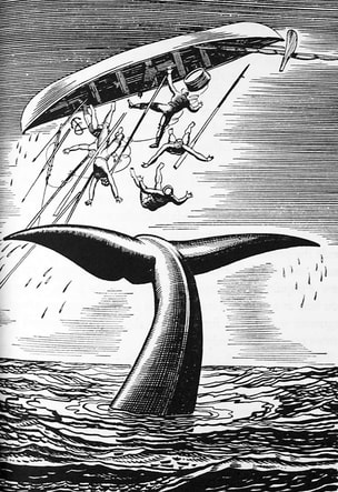 woodcut illustration of whale's tale and ocean waves