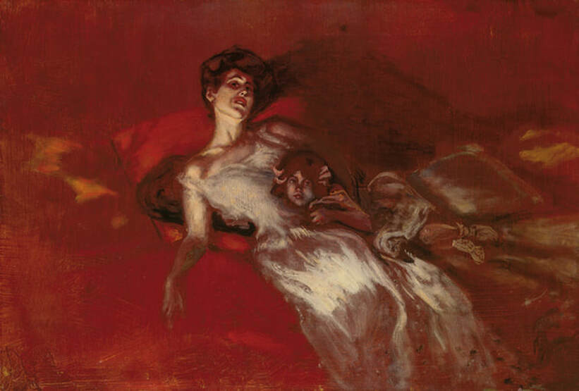 Image is of a painting of a woman reclining against a red pillow with other cushions aroud her, against an abstracted field of bright red. She is lit from below from an unseen source of light, and wearing a gauzy dress. A young girl is curled up against her waist and hip. The woman's arm fades into a loosely painted expression of a wrist and hand. Her dress and the girl, and surrounding cushions are painted equally as gesturally and expressively.
