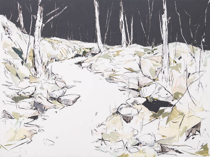 A painting of rocks, trees, and a stream
