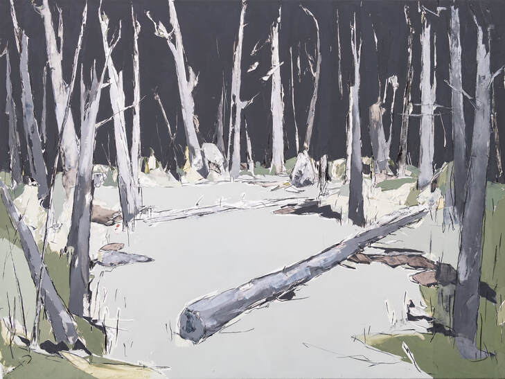 A painting of trees and logs in the dark at night, with the ground covered in moss